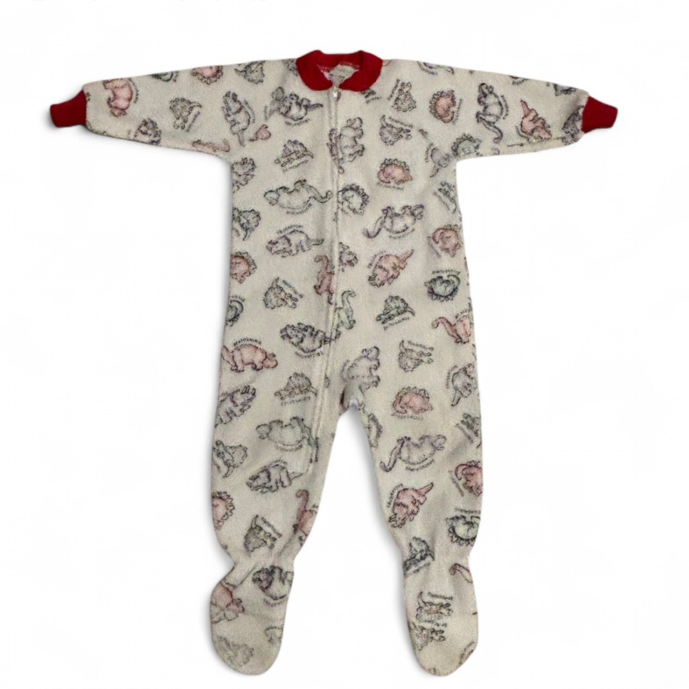 Vintage Carter’s Dinosaur Print Fleece Footie Pajamas White Toddler Kid 2T